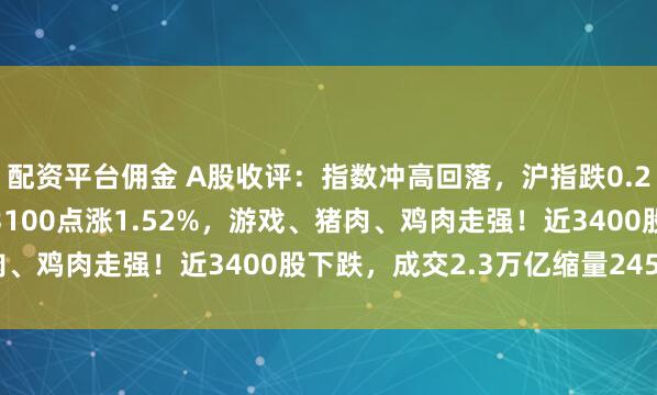 配资平台佣金 A股收评：指数冲高回落，沪指跌0.26%创业板指一度站上3100点涨1.52%，游戏、猪肉、鸡肉走强！近3400股下跌，成交2.3万亿缩量2452亿